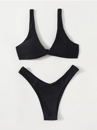 Solid Color Knotted Strap Bikini Swimsuit