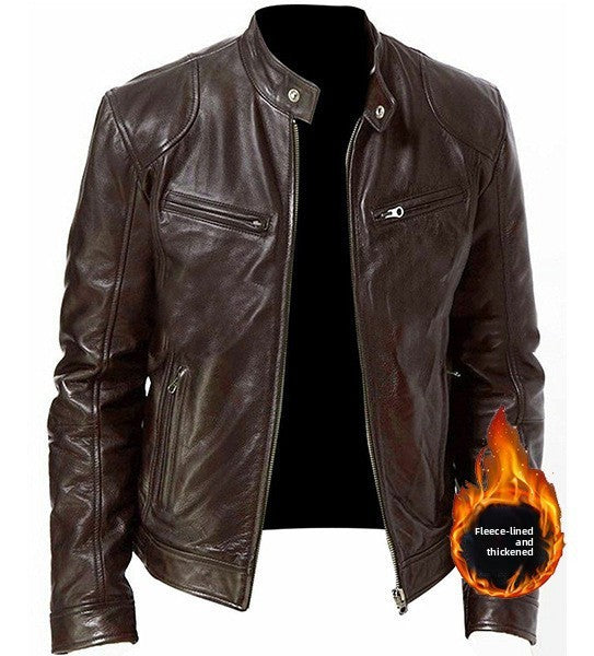Men's PU leather motorcycle jacket with a stand-up collar and punk style outerwear
