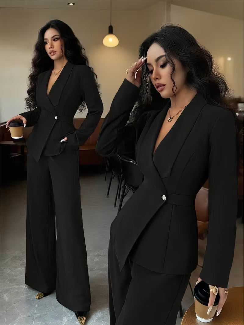 Women's V Neck Long Suit Jacket Wide Leg Pants Two Piece Set