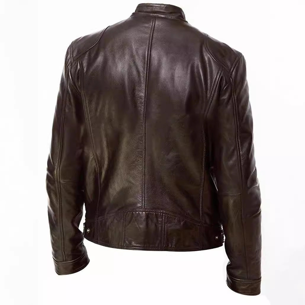Men's PU leather motorcycle jacket with a stand-up collar and punk style outerwear