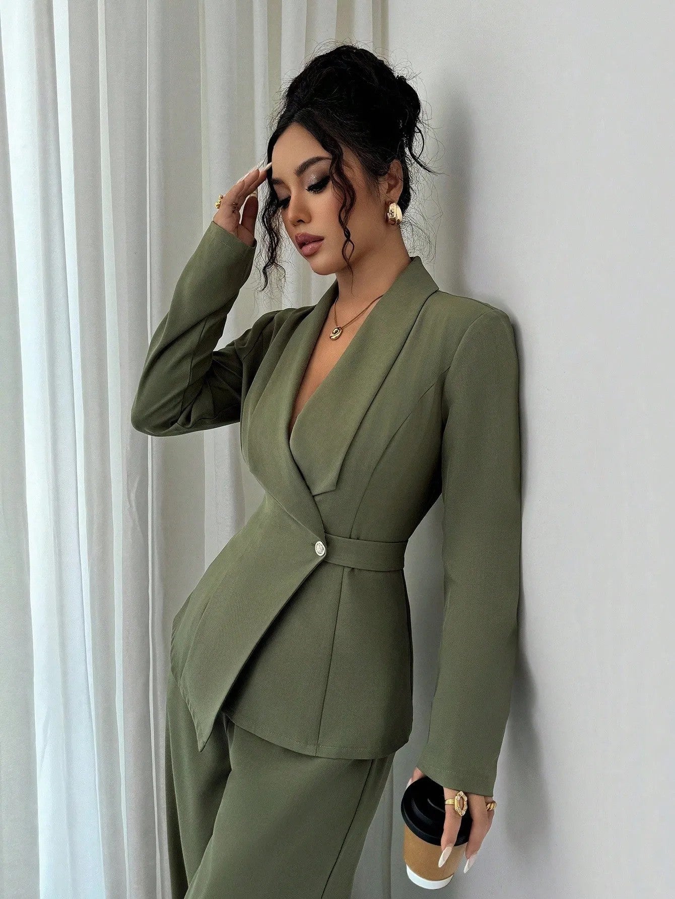Women's V Neck Long Suit Jacket Wide Leg Pants Two Piece Set