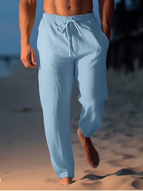 Men's Cotton Linen Drawstring Elastic Waist Straight Casual Pants