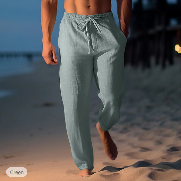 Men's Cotton Linen Drawstring Elastic Waist Straight Casual Pants