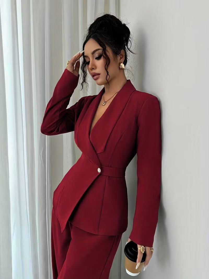 Women's V Neck Long Suit Jacket Wide Leg Pants Two Piece Set