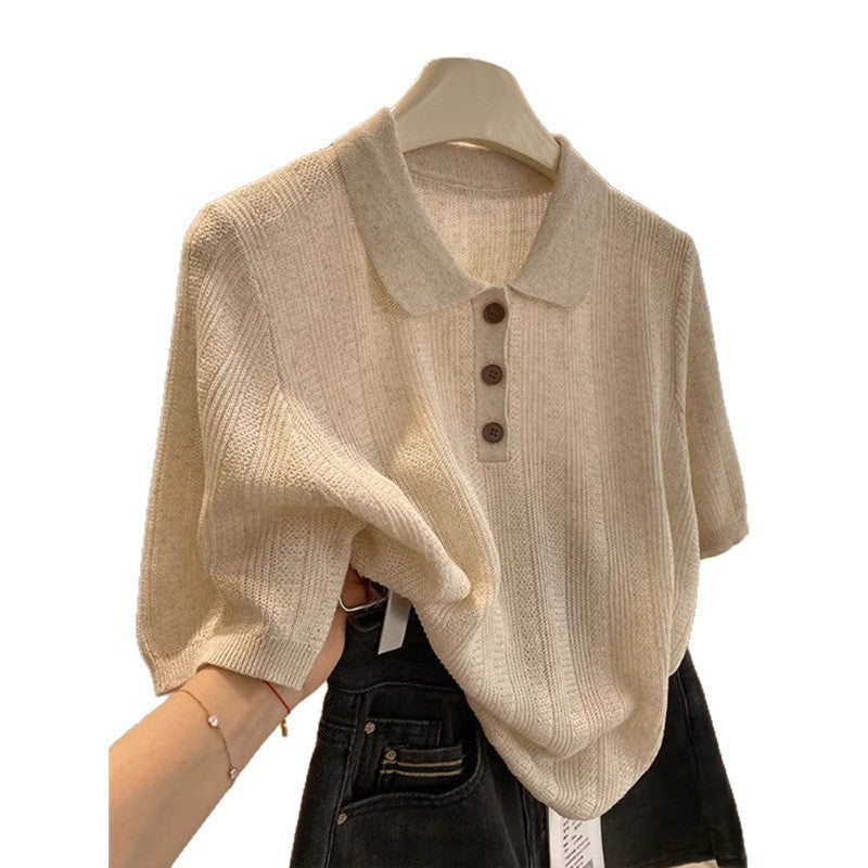 Knit lapel short sleeve