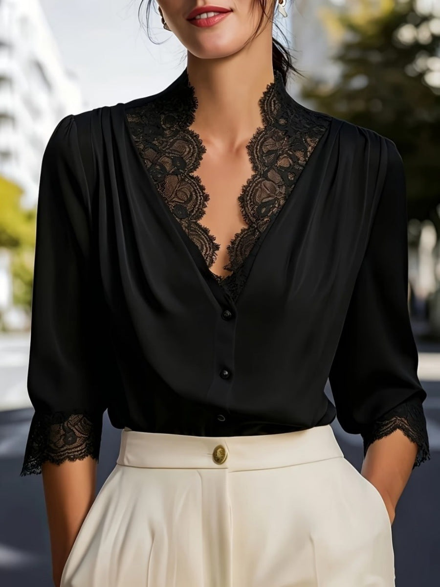 Womens Lace Splicing Three-Quarter Sleeve Blouse Shirt